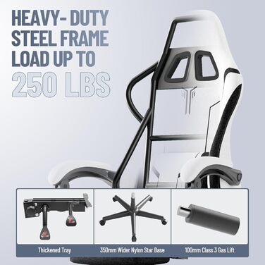Геймерське крісло з поперековою опорою, ергономічне офісне крісло, регульована спинка, потовщена подушка, міцне ігрове крісло, висувна підставка для ніг, комп&39ютерне крісло з підлокітниками, поворот на 360, біле, 68 см x 68 см x 117 см, сірий