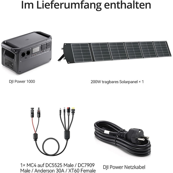 Адаптер MPPT не входить до комплекту) Портативна електростанція DJI Power 1000, сонячний генератор потужністю 1024 Втгод з 1 складною сонячною панеллю 200 Вт, для кемпінгу/кемперів, швидка зарядка 70 хв, безперервна потужність 2200 Вт (1000 200 Вт)