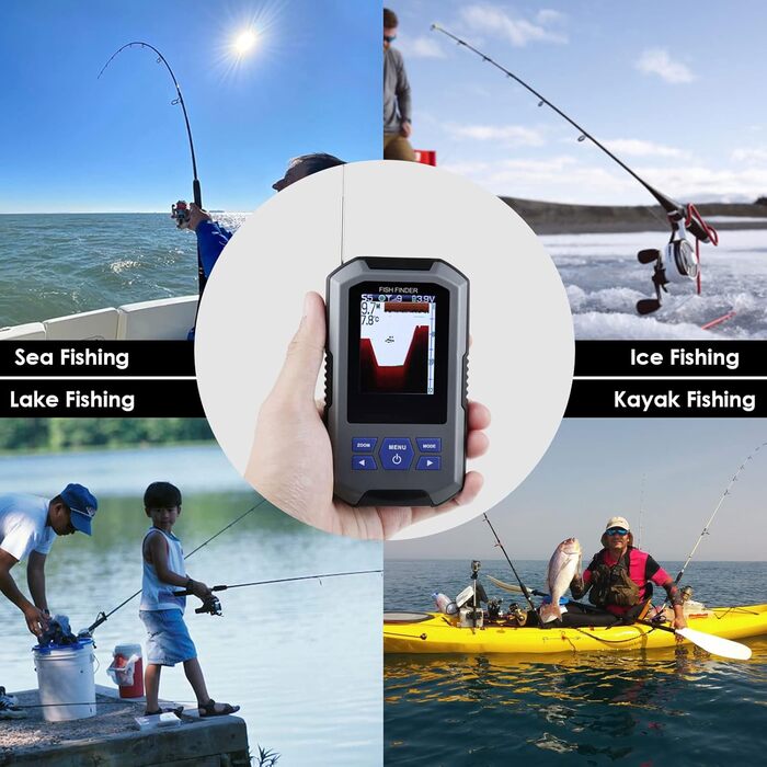 Бездротовий датчик ехолота 125 кГц, частота 45 метрів/147 футів, функція сигналізації глибини та великий РК-дисплей