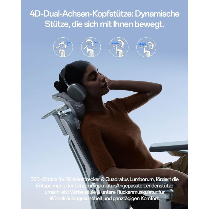 Інтелектуальне ергономічне крісло Hbada X7, офісне крісло, з повністю автоматичною поперековою опорою, регульованим підголівником 4D, регульованими підлокітниками 720, вентильованою подушкою сидіння, функцією повороту, сірим поліпропіленом