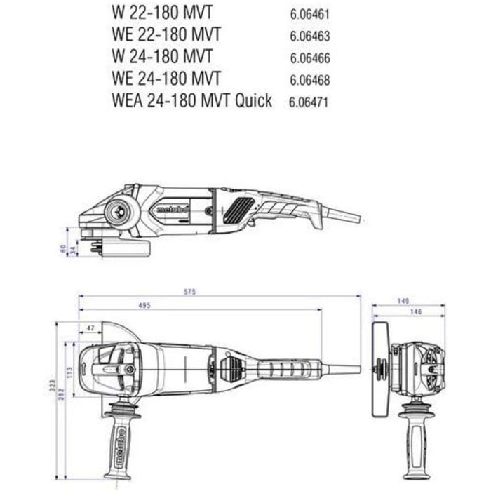 Кутова шліфувальна машина Metabo WE 22-180 MVT (606463000) Картонна коробка, 2200 Вт, Ø диска 180 мм, швидкість холостого ходу 850