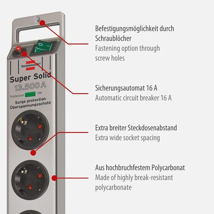 Розетковий подовжувач із захистом від перенапруги (багаторозеткова розетка з кабелем 2,5 м і вимикачем - з ударостійкого полікарбо