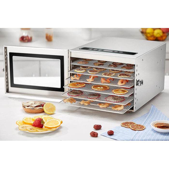 Дегідратор з нержавіючої сталі з регулятором температури (30-90C) Таймер на 24 години Drrer Дегідратор Сушарки для фруктів Дегідратор для фруктів і м'яса Система циркуляції повітря на 360 Цифровий дисплей 6 поверхів