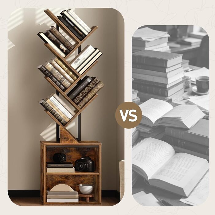 Книжкова полиця у формі дерева, 9-ярусна окремостояча полиця, стійка для CD/DVD, дерев&39яний каркас з металевим каркасом, кутова полиця, що економить місце, окремостояча книжкова вежа для вітальні, спальні, офісу, бібліотеки, вінтажний коричневий колір