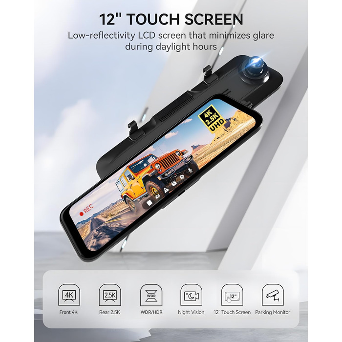 Для дзеркала заднього виду відеореєстратор для переднього та дзеркала заднього виду для автомобіля з екраном 12 дюймів, камерою WDR, нічним баченням, GPS та безкоштовною картою на 64 ГБ (G900), 4K 2.5K