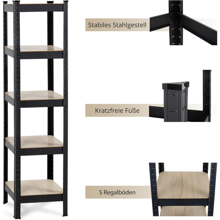 Дизайнерська полиця для зберігання Stagecaptain Heavyrack - Окремостояча полиця для кухні, комор, вітальні та офісу - Полиця для зберігання з 5 полицями зі світлого або темного дерева - Полиця промислового дизайну - Чорна