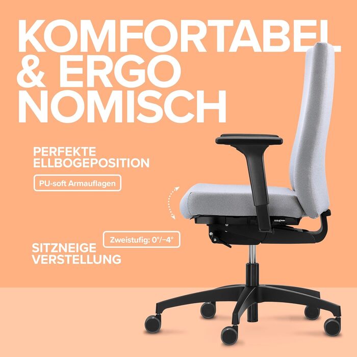 Ергономічне офісне крісло, зроблене в Німеччині Зручна спинка з регулюванням висоти Індивідуально регульована глибина сидіння (світло-рожевий)
