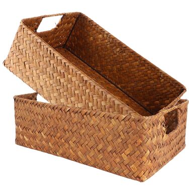 Набір кошиків для зберігання морської трави з 2 предметів, плетений кошик для зберігання, 34x23x11 см, квадратний плетений кошик, плетені кошики для спальні, ванної кімнати, комори