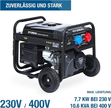 Бензиновий генератор HYUNDAI HY8500LEK-T, генератор 230 В та 400 В, максимальна потужність 10,3 кВА, двигун 16,3 к.с., електричний запуск, генератор для будівельного майданчика, аварійний генератор живлення