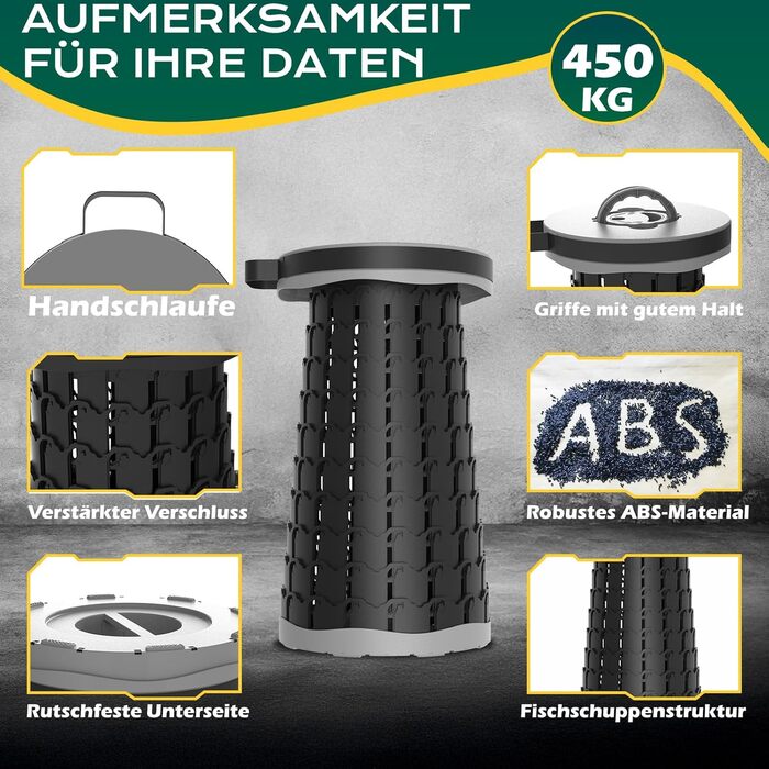 Портативний міні-телескопічний складаний стілець COOLYNX, покращений товстіший складаний стілець, легкий складаний стілець вантажопідйомністю 450 кг, ідеально підходить для кемпінгу, риболовлі, походів, барбекю, сірого кольору