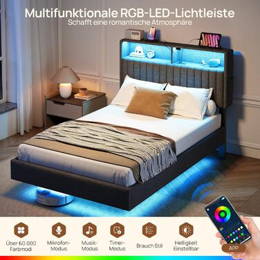 Металеве ліжко-семитуфля 90x200 см зі світлодіодним освітленням, включаючи рейковий каркас, плаваюча конструкція, стабільне та міцне, легке складання, сірого кольору без матраца сірого кольору 90 x 200 см