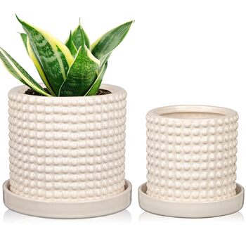 Набір із 2 керамічних квіткових горщиків, 15 см 11 см, з бульбашками та дренажними отворами, сині квіткові горщики з перловим дизайном, декоративні кімнатні квіткові горщики, підходять для кактусів та ампельних рослин, білий-2