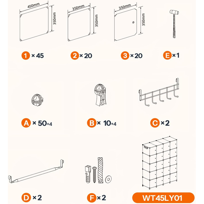Шафа, Шафа для одягу, Модульна пластикова шафа з 20 кубами, Вставна система полиць з дверима та рейкою для одягу, 2 ряди гачків, 145 x 46,5 x 183 см, Білий EWT45LY01N1