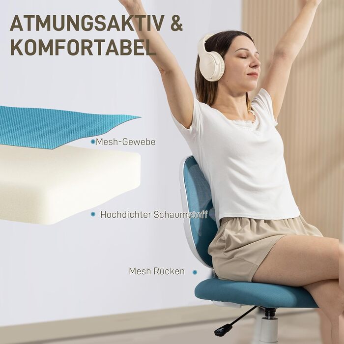 Офісний стілець HOMCOM Ергономічне робоче крісло з С-подібною спинкою, регульоване по висоті без підлокітників, м&39яке комп&39ютерне крісло, синій