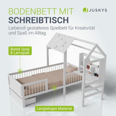 Дитяче ліжко Juskys Yari 90x200 см - Односпальне ліжко з письмовим столом та шухлядою, сосна та міцні матеріали, дизайн &quotГрайливий будиночок&quot - Біле