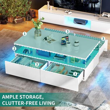 Білий журнальний столик YITAHOME, глянцевий стіл для вітальні з 16-кольоровим світлодіодним підсвічуванням, сучасний бічний столик з відкритою полицею та 4 висувними шухлядами, 90x55x41,1 см