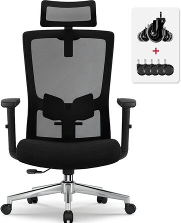 Ергономічне офісне крісло, ергономічне офісне крісло з регульованою поперековою опорою, підлокітниками та підголівником, обертове офісне крісло 150 кг, крісло для керівника з функцією гойдання до 135, чорне, варіант 1