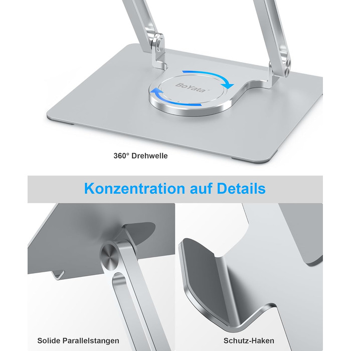 Підставка для ноутбука BoYata для столу, регульована з поворотною базою на 360, ергономічний складаний тримач для ноутбуків, сумісна з MacBook Pro/Air та ноутбуками до 17 дюймів срібляста