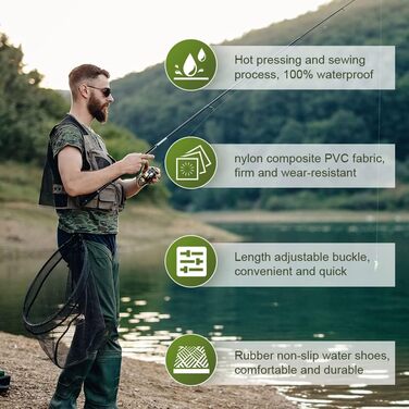 Штани для риболовлі, вейдерси, штани для ставка з нейлону 70D, композитного ПВХ, з нековзними гумовими чобітьми, водонепроникні штани, підходять для будівельних майданчиків, риболовлі, ферм, садів, розмір L 42/43, зелені