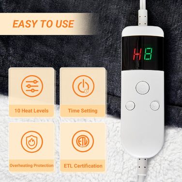 Електрична ковдра з автоматичним вимкненням, 130x180 см, 10 налаштувань температури, таймер автоматичного вимкнення до 8 годин, захист від перегріву, можна прати в пральній машині, підходить для холодних ночей, темно-сіра, 130 x 180 см