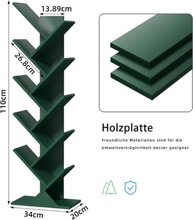 Книжкова полиця у формі дерева, 10-ярусна окремостояча полиця для книг/CD/журналів, DVD, дерев&39яна книжкова полиця для вітальні, спальні та домашнього офісу, темно-зелена, 20Г x 34Ш x 101В см