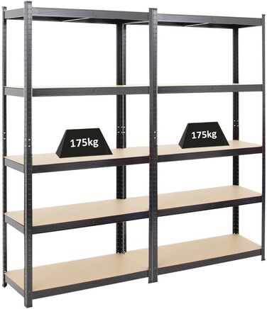 Міцний стелаж Gorilla ВxШxГ 180x90x40 см Вантажопідйомність полиці 175 кг Чорний Стелаж для гаража, стелаж для підвалу, стелаж для майстерні, стелаж для зберігання, стелаж без ригелів, 2 шт. ВxШxГ 180x90x40 см, чорний, 2 шт.
