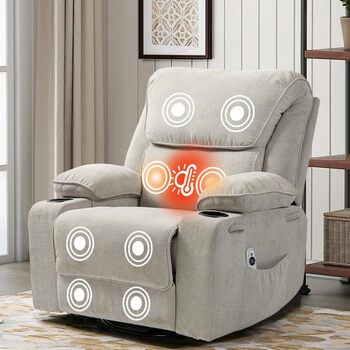 Крісло-гойдалка з функцією масажу, крісло для телевізора з функцією відкидання, вібрація, підігрів, товста спинка та підлокітники, масажне крісло з функцією гойдання, поворот на 360, бежевий