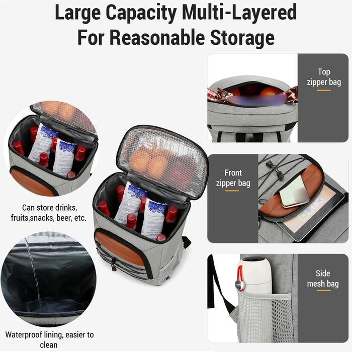 Рюкзак-холодильник Tourit, кемпінговий рюкзак-холодильник з відділенням для обіду, утеплений, водовідштовхувальний, для чоловіків/жінок, пікніків, подорожей, спорту, велика місткість, легкий, водонепроникна підкладка, сірий