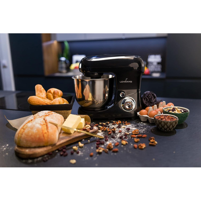 Планетарний кухонний комбайн Lehmann з чашею з нержавіючої сталі 5 л Багатофункціональний міксер 2200 Вт 6-швидкісна тістомісна машина Включаючи кришку для бризок, гачок для тіста та віночок
