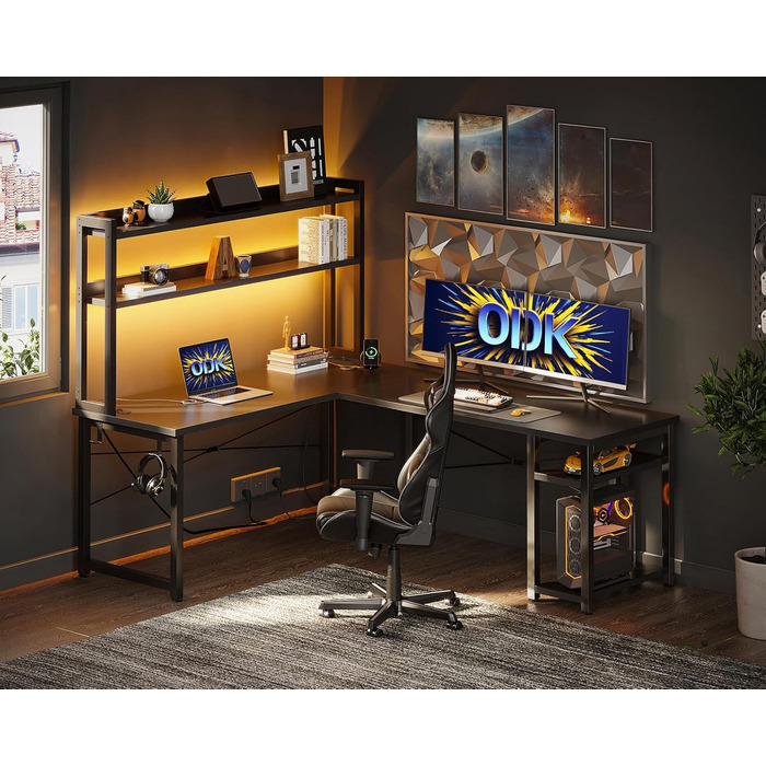 Ігровий стіл ODK зі світлодіодним підсвічуванням, 150120 см, двосторонній L-подібний стіл з 2 розетками та 2 портами зарядки USB, кутовий стіл чорного кольору з підставкою та полицею для зберігання, чорний 150120 см