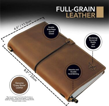 Шкіряний блокнот Wanderings з кишенями - 22 x 11,5 см - Поповнюваний щоденник подорожей з чистим папером для запису та організації або як блокнот, щоденник, вінтажний планер, коричневий