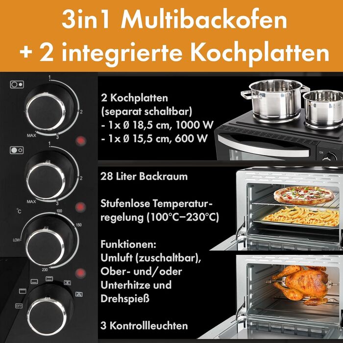 Міні-піч Bomann з конфорками та грилем Готування та випічка одночасно Міні-піч 28 л з конвекцією верхній/нижній нагрів 100-230C Електрична міні-піч 3100 Вт з аксесуарами КК 6059 КБ