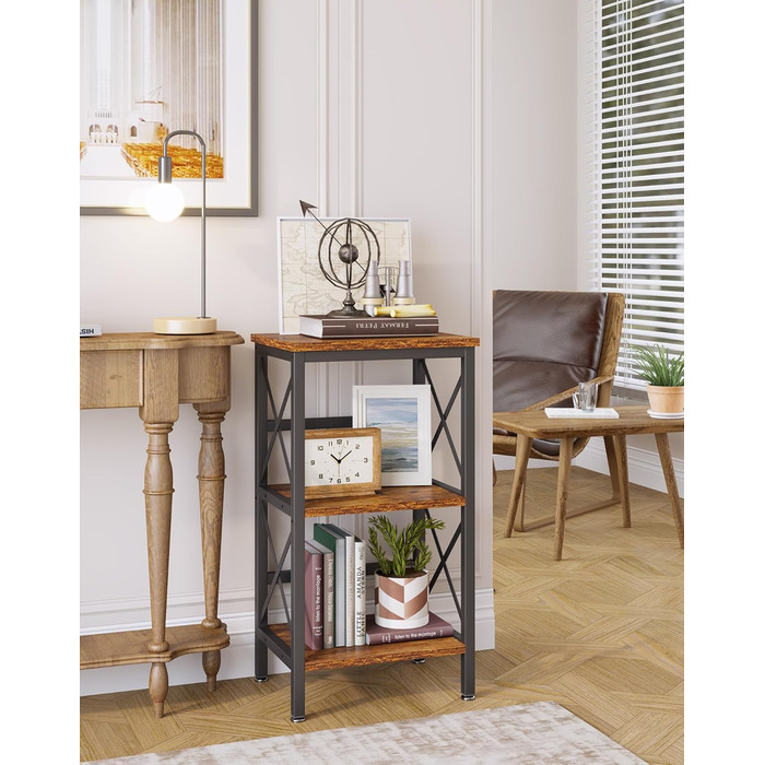 Книжкова полиця YMYNY, окремостояча полиця з 3 полицями, міцна X-подібна рама, регульовані ніжки, легке складання, 402975 см, для вітальні, спальні, кухні, кабінету, ванної кімнати, рустикальний коричневий HST008H