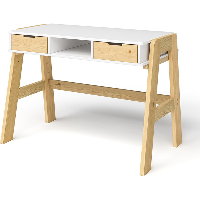 Дитячий письмовий стіл Bellabino Campo регульований по висоті з дерева в білому/натуральному кольорі з 2 шухлядами, 1 полицею і 3
