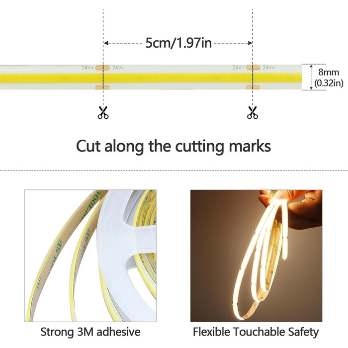 Світлодіодна стрічка GOMING 24V COB 3000K 5M водонепроникна світлодіодна стрічка IP65 480 світлодіодів / м Без світлових плям CRI 93 Світлодіодна стрічка високої яскравості 4300 лм для прикраси домашньої кухні (тільки стрічка) (натуральний білий, 5 метрів