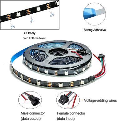 Світлодіодна стрічка Tesfish WS2812B RGB світлодіодна піксельна стрічка 5м 5V 5050 150 світлодіодів IP30 гнучка чорна друкована плата повнокольорова індивідуально адресована розумна світлодіодна стрічка для рекламного декору Проекти своїми руками IP30 Ws2