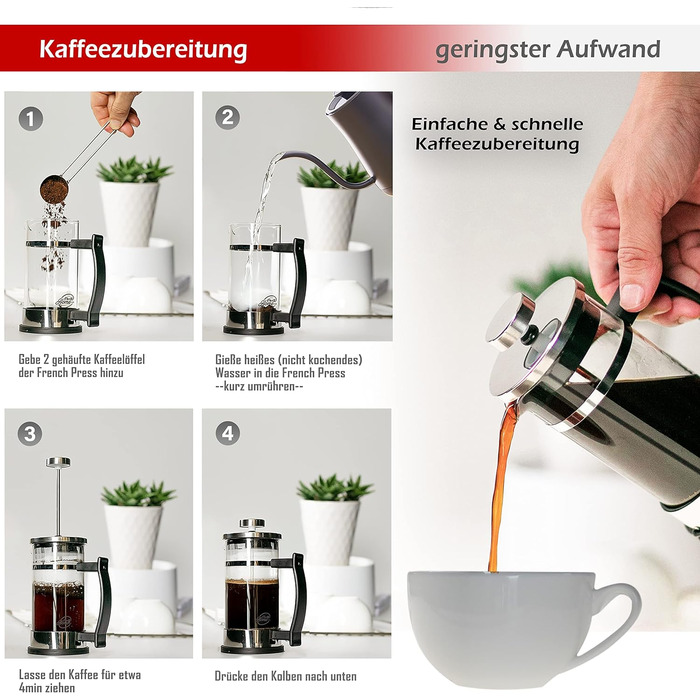Кавоварка френч-прес 0,35 л на 2 чашки (також 0,6 л), скляний прес для кави, чайник і кавоварка маленька, в т.ч. кавова ложка з нержавіючої сталі та подарункова коробка, хром, 43