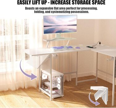 Ігровий стіл із розумним світлодіодним освітленням, L-подібний стіл із подовжувачем для домашнього офісу, кутовий стіл 120-150 см з розеткою, сумка для зберігання, підставка для монітора, білий