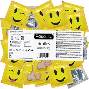 Презервативи Pasante Smiley 144 Motif, кумедні презервативи - ідеально підходять для підлітків, парубочих вечірок, як подарунок для чоловіків - оптова упаковка, друковані герметичні фольги