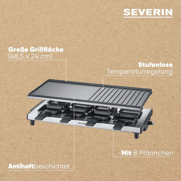 Гриль SEVERIN Raclette, раклет з великою антипригарною пластиною для гриля та 8 сковородами для раклету, настільний гриль до 8 осіб, потужність 1 700 Вт, нержавіюча сталь чорна, RG 2375