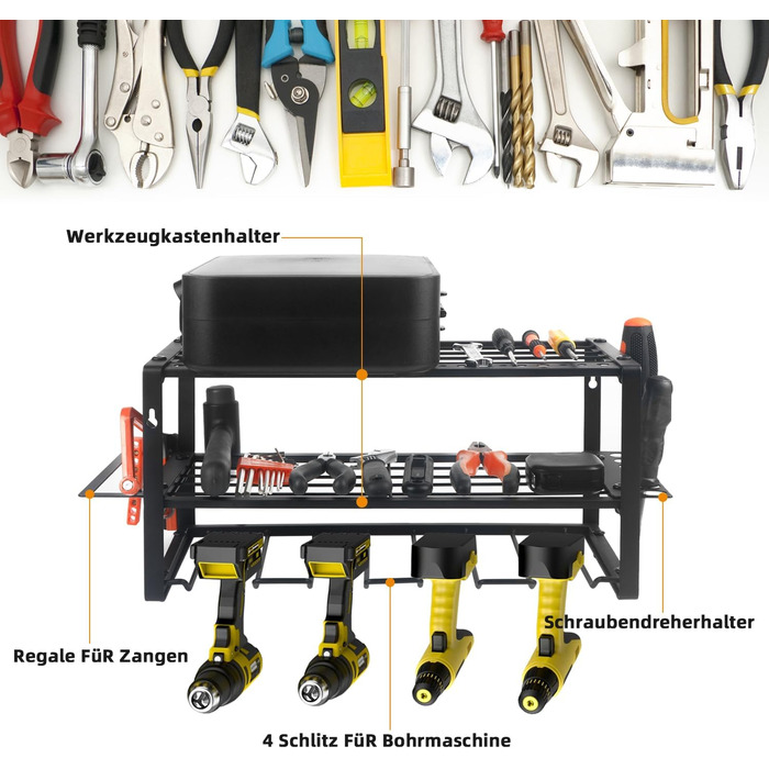 Стелаж для інструментів, настінна гвинтова полиця для інструментів, 3-шарове сховище для інструментів з 4 слотами для електрики, свердла, придатні для організації обладнання майстерні