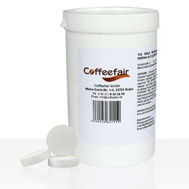 Таблетки для очищення кавомашини Coffeefair, 100 шт. x 3,2г, універсальні, інтенсивні та безпечні для матеріалів, сумісні з Jura, Saeco, Melitta, WMF, Bosch, Siemens, Delonghi, Miele