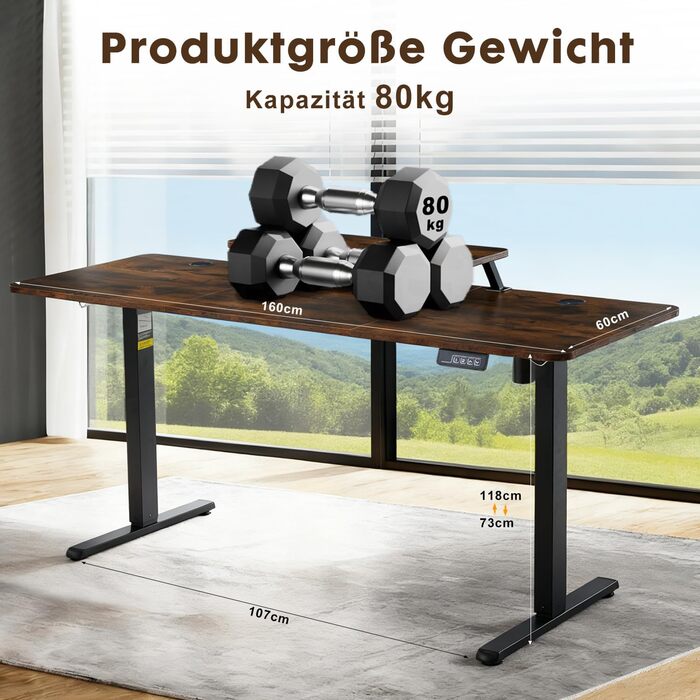 Стіл з регульованою висотою 160 x 60 см, Електричний стіл з регулюванням висоти, Ігровий стіл з підставкою для монітора, Стіл для роботи стоячи, Регульований комп&39ютерний стіл, Коричневий