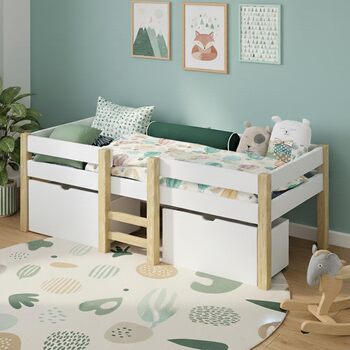 Дитяче ліжко Bellabino Aspy 90x200 см Ліжко-горище з 2 шухлядами, поручнями та рейковою основою Ліжко середнього класу з драбиною з масиву сосни білого/натурального кольору Дитяче ліжко з місцем для зберігання (матрац не входить до комплекту) Біле - з шух