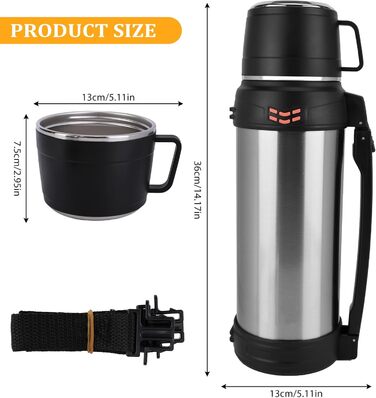 Вакуумно-ізольована пляшка місткість 2 л, металева пляшка для води з нержавіючої сталі для гарячих та холодних напоїв, термопляшка з чашкою без бісфенолу А, портативна дорожня пляшка для води з ручкою для перенесення, 2000 мл