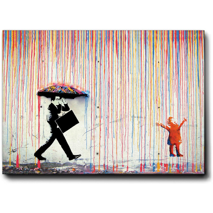 Картина - Бенксі - Дощ фарб - Полотно преміум класу в рамці товщиною 5 см - 140x100 - Готове до повішення - Сучасний живопис для д
