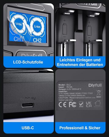 Зарядний пристрій Dlyfull 18650, універсальний зарядний пристрій для літій-іонних акумуляторів 3,7 В, портативний зарядний пристрій USB-C з РК-дисплеєм для 18650, 21700, 26650, 18500, 18350, 17670, 17500, 16340 тощо, 2 відсіки