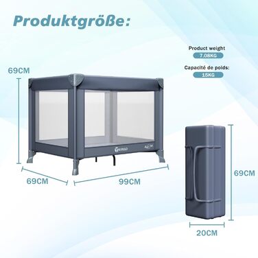Дитяче ліжечко Dream N Play, складне дитяче ліжечко, складне та портативне для дітей вагою до 15 кг, компактне ліжечко для новонароджених та малюків, включаючи сумку для перенесення (сірий колір)