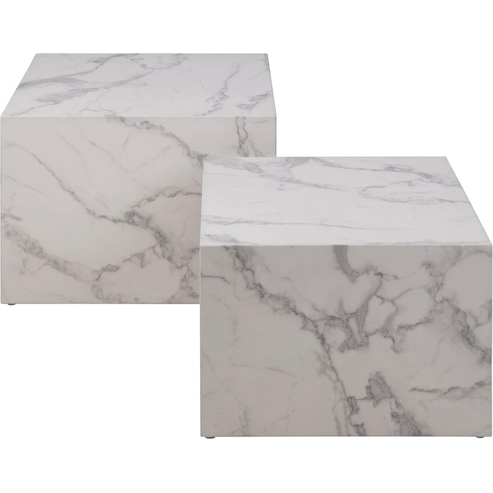Комплект журнальних столиків AC Design Furniture Dicte Square з 2 шт. , білий з мармуровим ефектом, елегантний стіл для вітальні, приставний столик для вітальні, Ш 58 x В 40 x Г 58 см та Ш 50 x В 33 x Г 50 см