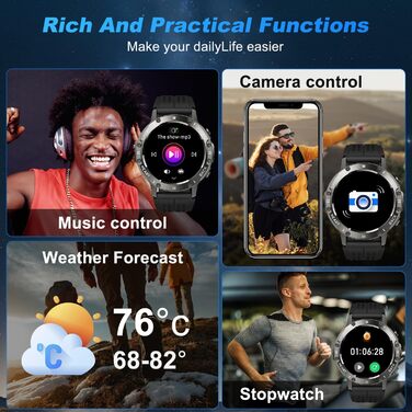 Військовий смарт-годинник для чоловіків з функцією телефону водонепроникний фітнес-трекер, смарт-годинник з Bluetooth-дзвінками та серцевим ритмом, монітором сну, крокоміром, спортивним годинником, Android/iOS, чорним